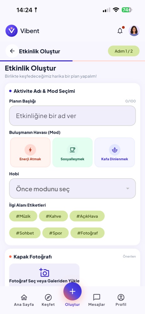 Vibent etkinlik oluşturma ekranı