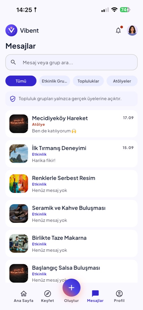 Vibent mesajlar ekranı